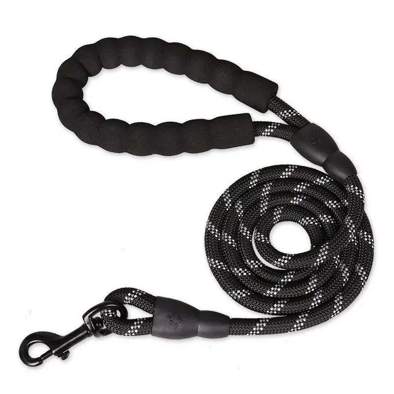 Stealth black reflective rope leash with shock-absorbent nylon for strong pullers.