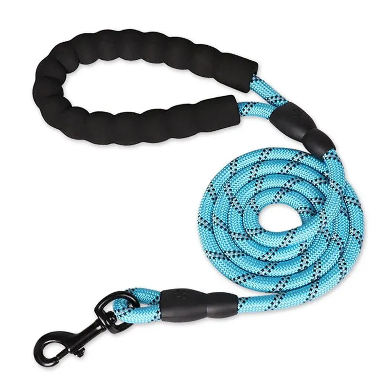 Sky blue climbing rope dog leash featuring a soft secure grip and metal clasp.