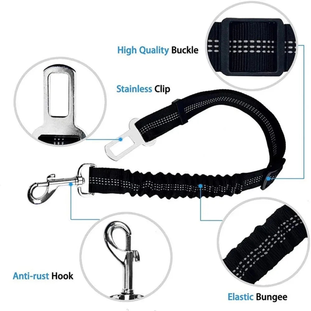 Diagram showing high-quality buckles, stainless steel clips, and elastic bungee buffer.
