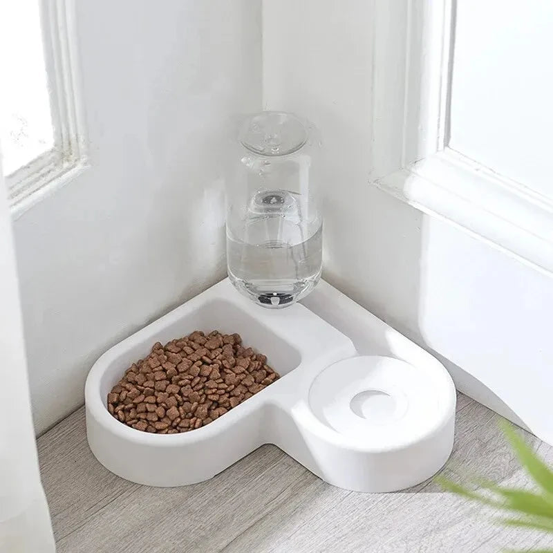 White 2-in-1 pet feeding station with integrated water bottle and dry food bowl.
