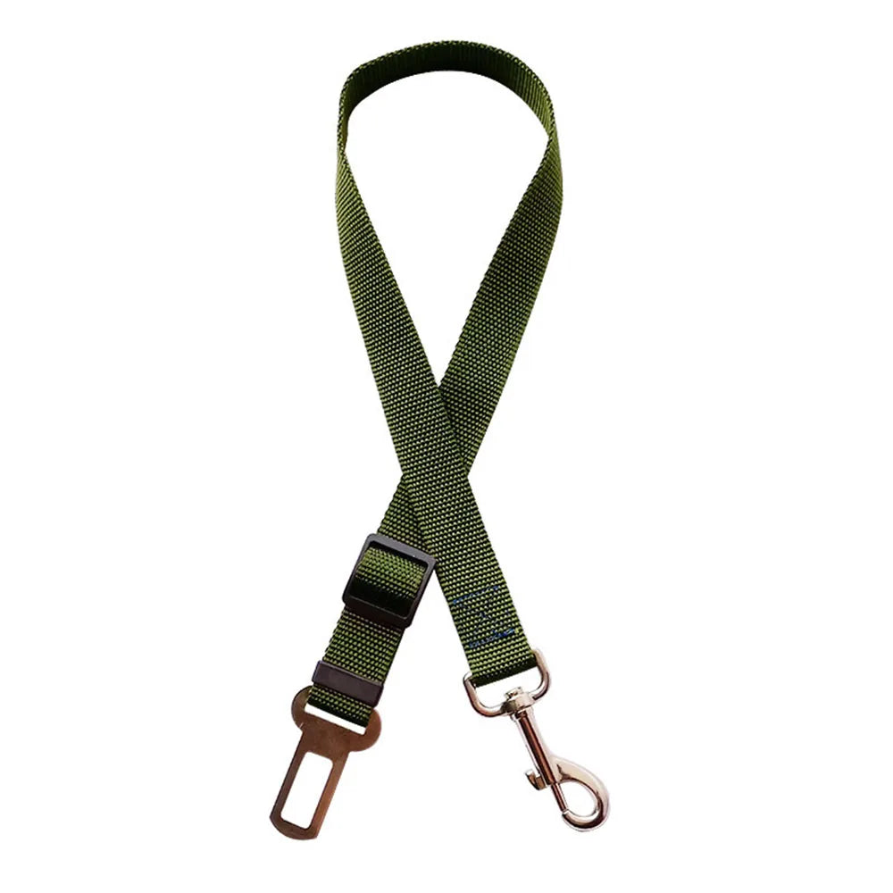 Forest green adjustable car safety leash for secure dog travel.