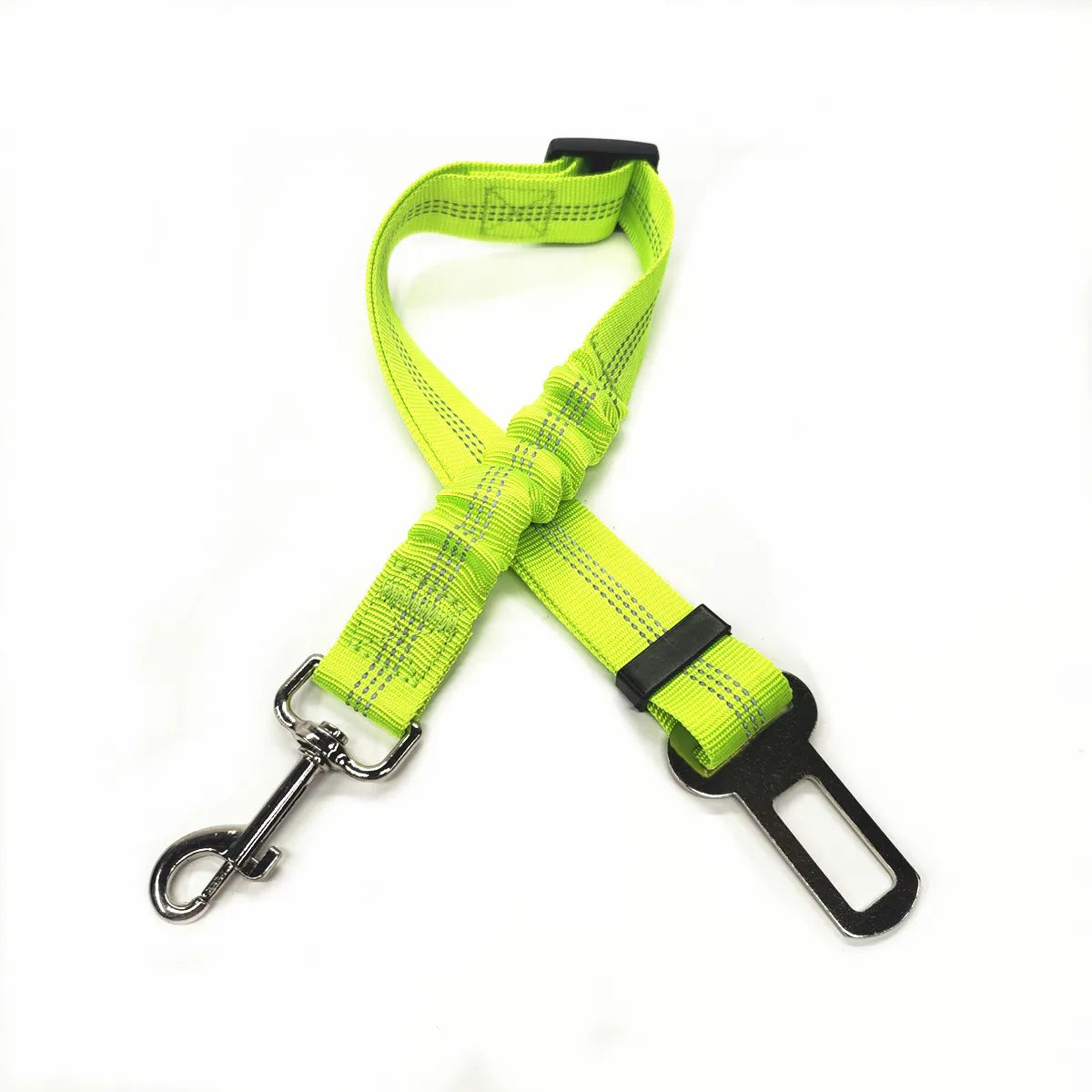 Lime green high-visibility pet harness for safe vehicle restraint.