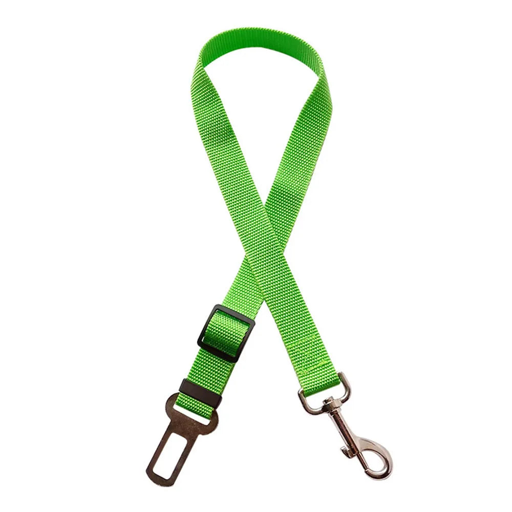 Neon green reflective dog car seatbelt with integrated shock-absorbing bungee.