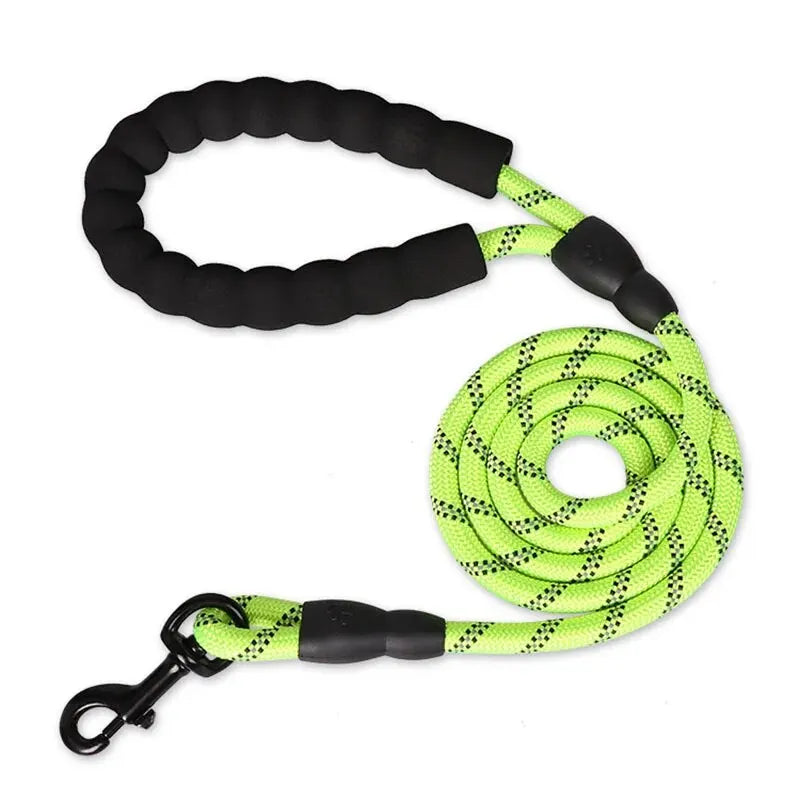 Neon green reflective dog leash with heavy-duty hardware for maximum nighttime safety.