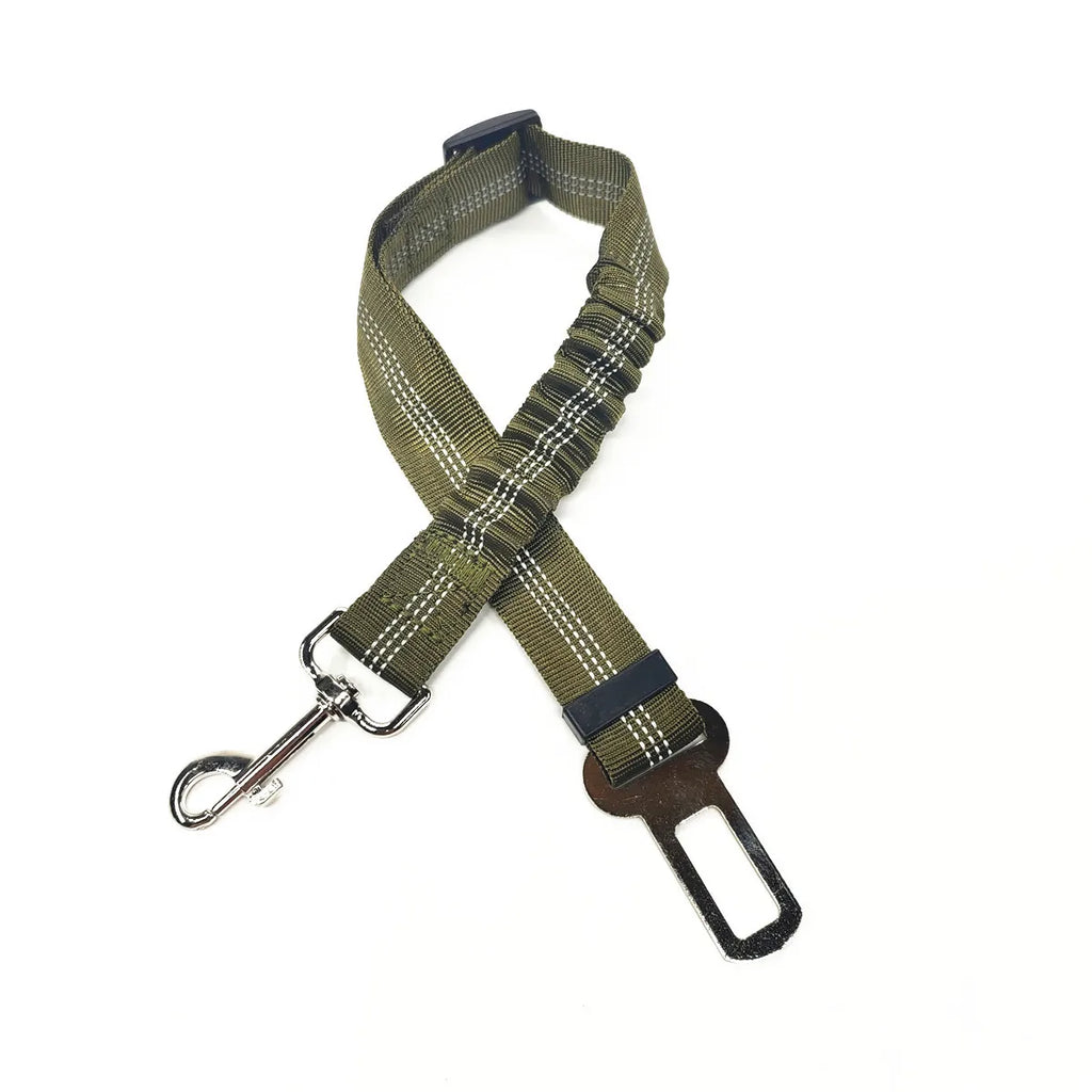 Olive green heavy-duty nylon pet seatbelt with adjustable metal hardware.