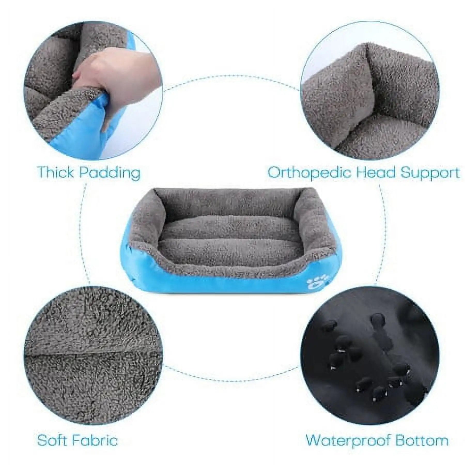 Pet bed with thick padding, orthopedic head support, soft fabric, and waterproof bottom features.
High-elasticity PP cotton filling shown inside a grey pet bed for orthopedic support.