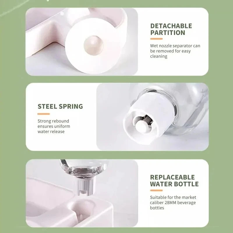 Infographic showing a detachable partition, steel spring water release, and replaceable water bottle for a 2-in-1 pet feeder.