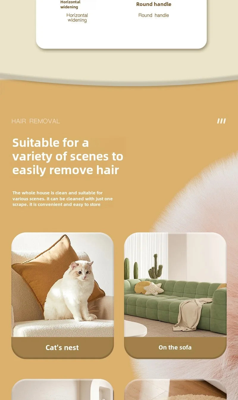 Infographic showing the roller used on sofas, beds, and curtains to eliminate stubborn cat and dog fur.