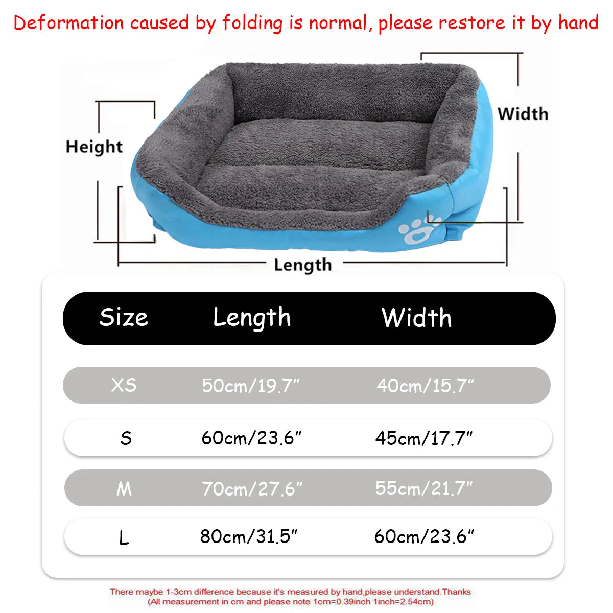 Measurement chart for a pet bed with dimensions and size options.