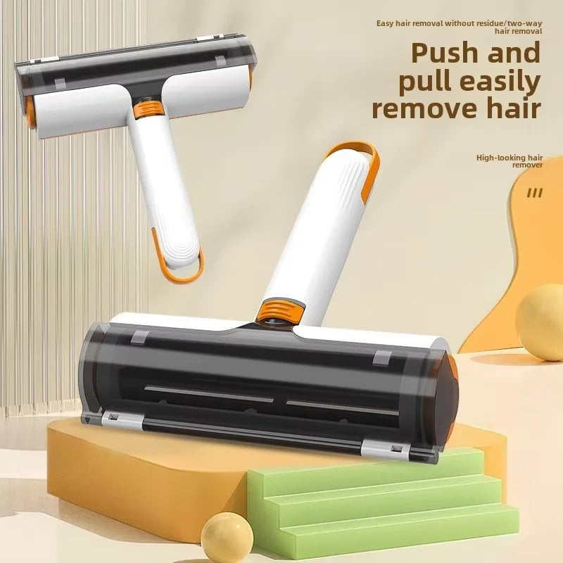 Demonstration of the "push and pull" two-way motion to easily remove pet hair from surfaces.