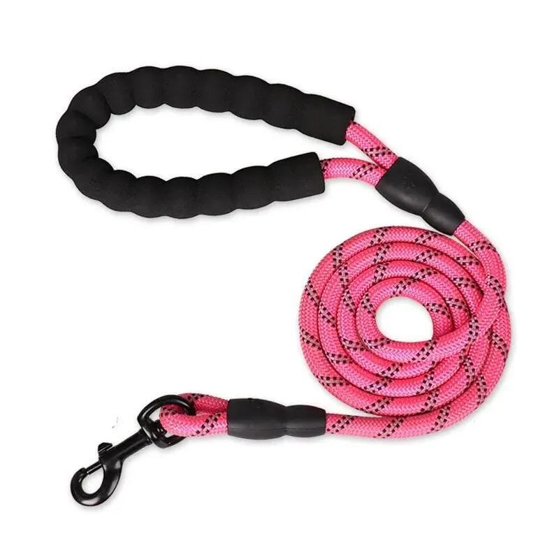 Hot pink reflective dog leash for high visibility and heavy-duty traction.