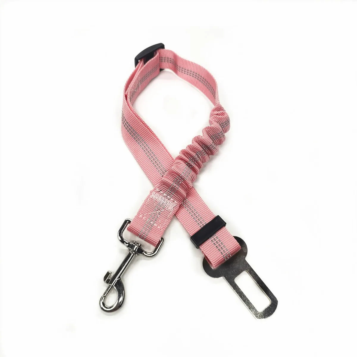 Rose pink reflective dog car harness with elastic buffer for sudden stops.