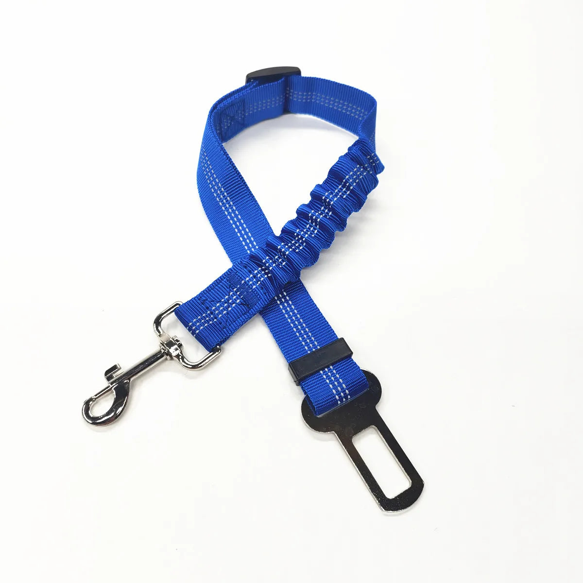 Royal blue durable nylon pet car harness featuring a 360-degree tangle-free hook.