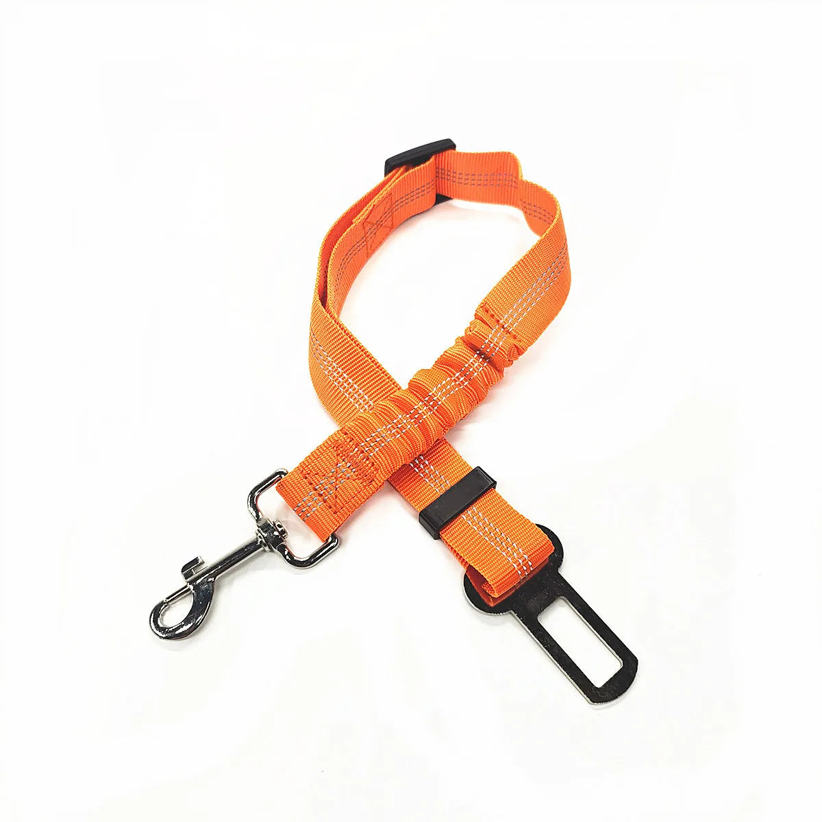 Safety orange cushioned pet car harness with adjustable length buckle.