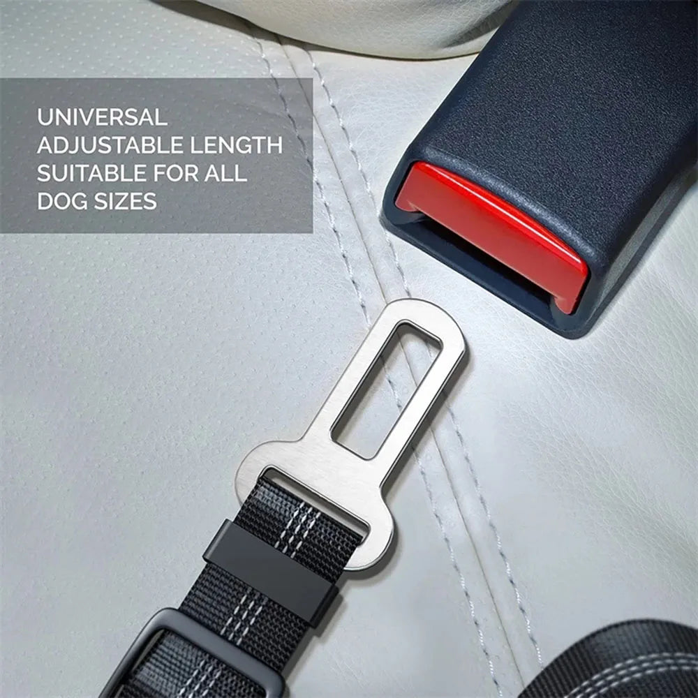 Close-up of the universal metal seatbelt clip compatible with standard vehicle buckles.