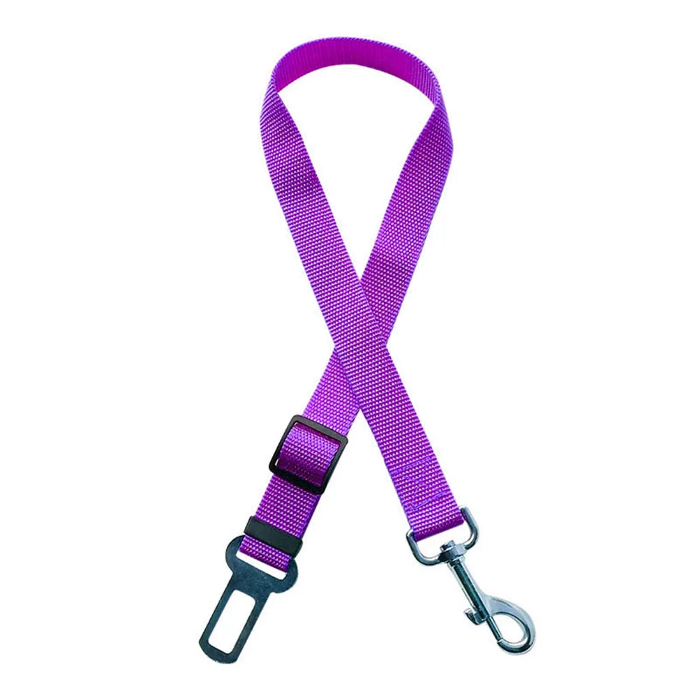 Vibrant purple reflective car harness for pets featuring a stainless steel clip.