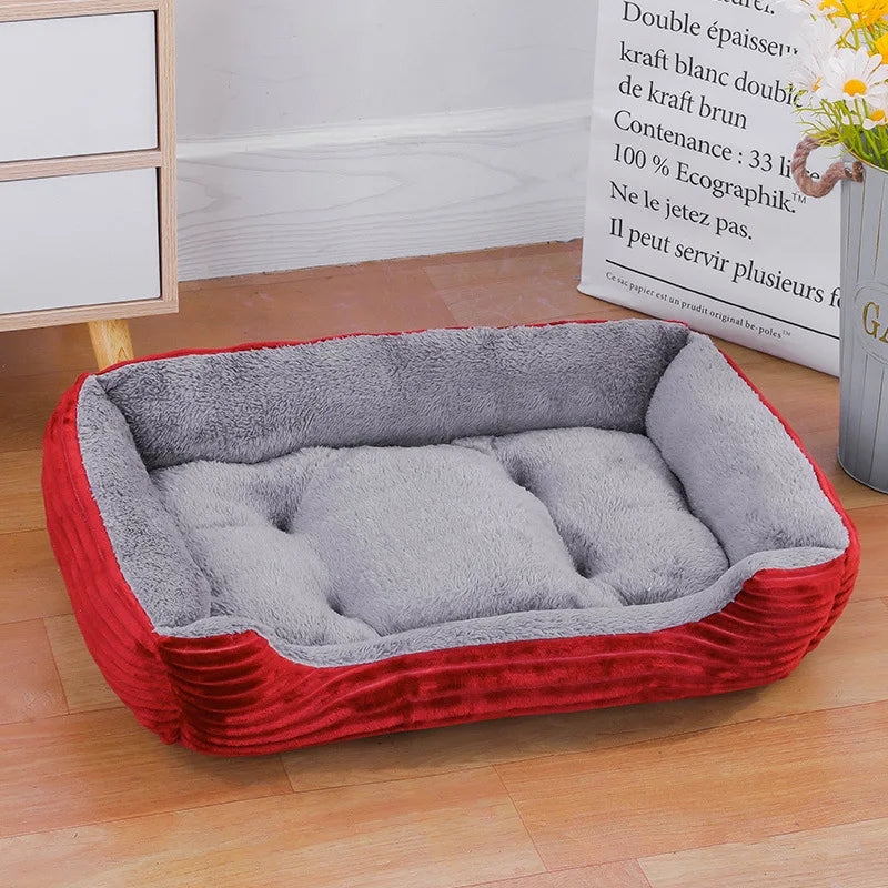 Bold red and grey warm pet house mat with high-elasticity padding for comfort.
