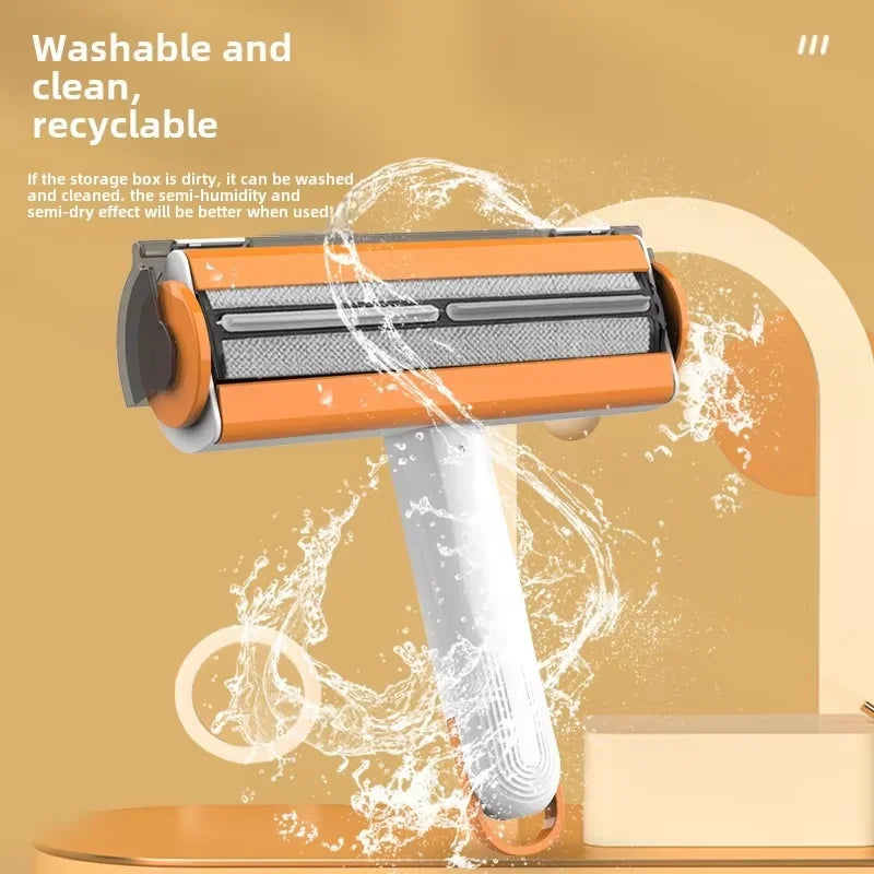 Water splash effect illustrating that the pet hair remover is washable, cleanable, and recyclable.